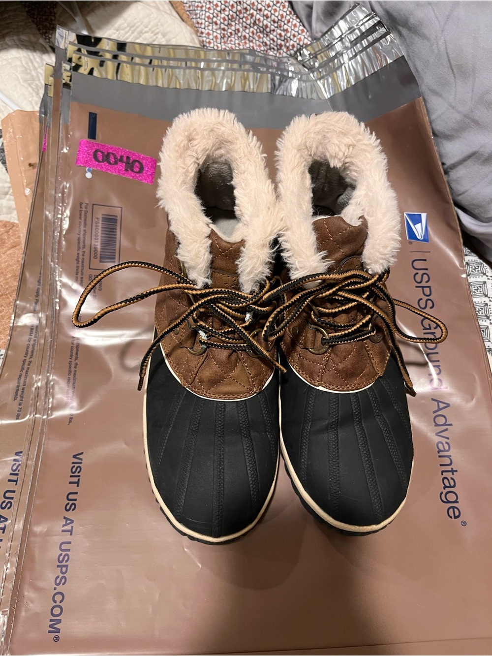 Women’s Brown & Black Faux-Fur Winter Lace-Up Snow Boots